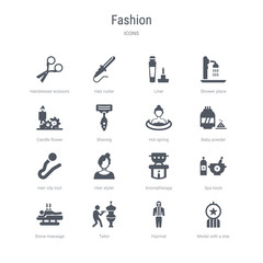set of 16 vector icons such as medal with a star, hazmat, tailor, stone massage, spa tools, aromatherapy, hair styler, hair clip tool from fashion concept. can be used for web, logo, ui\u002fux