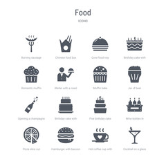 set of 16 vector icons such as cocktail on a glass, hot coffee cup with hearts, hamburger with bacoon, pizza slice cut, wine bottles in a box, five birthday cake, birthday cake with candles, opening
