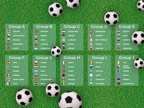 European football tournament qualification groups, 2020. Grass table with football balls. 3D illustration.