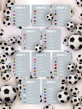 European football tournament qualification groups, 2020. White table with football balls. 3D illustration.