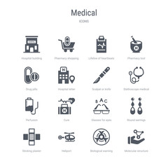 set of 16 vector icons such as molecular structure, biological warning, heliport, sticking plaster, round earrings, glasses for eyes, cure, perfusion from medical concept. can be used for web, logo,