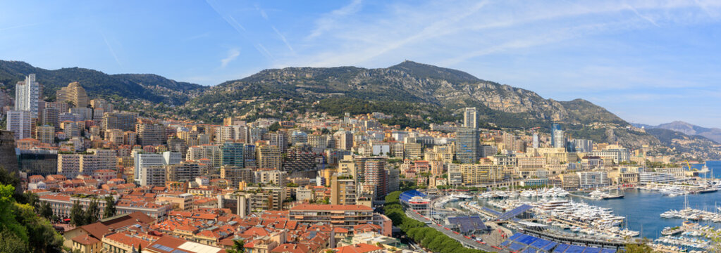 Panorama of Monaco with tribunes for championship of race Formula One