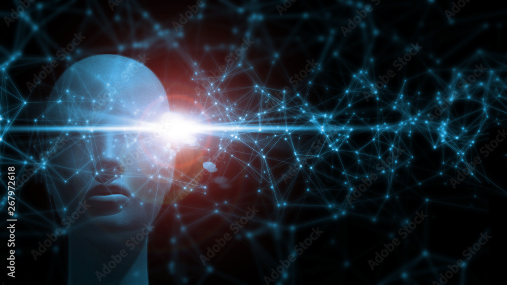  3d rendering of network connection nodes with sun light flare glowing and cyborg head. concept of ar