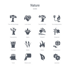 set of 16 vector icons such as japanese,  , waste water, trunk, conservation, flame, reeds, plant pot from nature concept. can be used for web, logo, ui\u002fux