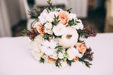 A wedding bouquet of roses.