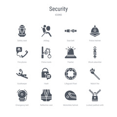 Fototapeta premium set of 16 vector icons such as locked padlock with chain, motorbike helmet, reflective vest, emergency bell, match fire, lifeguard float, hash, goalkeeper from security concept. can be used for web,