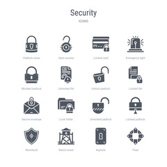 set of 16 vector icons such as float, keyhole, watch tower, rhomboid, locked padlock, unlocked padlock, lock folder, secure envelope from security concept. can be used for web, logo, ui\u002fux