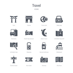 set of 16 vector icons such as brochure, itinerary, bus ticket, control tower, waterpark, secure briefcase, sleeping, unfolded map from travel concept. can be used for web, logo, ui\u002fux