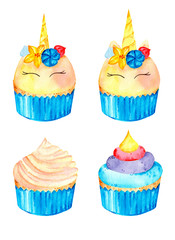 Blue magic set of cute unicorn cupcakes. Watercolor illustration. Isolated on a white background.