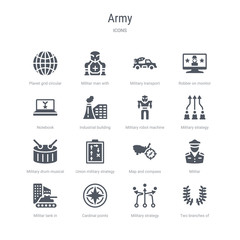 set of 16 vector icons such as two branches of frame, military strategy sketch, cardinal points on winds star, militar tank in city street, militar, map and compass, union military strategy,