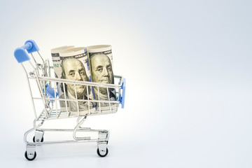 Closeup shopping cart with US dollar banknote on white background.United state global surplus deficit and copy space concept.