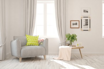 Stylish room in white color with armchair. Scandinavian interior design. 3D illustration