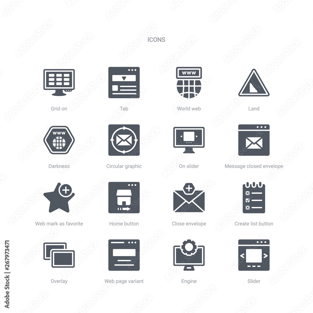 Fototapete set of 16 vector icons such as slider, engine, web page variant, overlay, create list button, close 