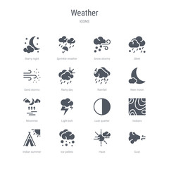 set of 16 vector icons such as gust, haze, ice pellets, indian summer, isobars, last quarter, light bolt, moonrise from weather concept. can be used for web, logo, ui\u002fux - obrazy, fototapety, plakaty