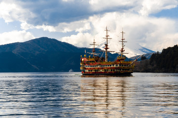 a boat on lake Ashinoko with Mt Fuji in the backdrop