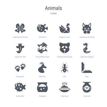 set of 16 vector icons such as pet food, litter box, fishbowl, puffer fish, trap, ant, mouflon, pawprints from animals concept. can be used for web, logo, ui\u002fux