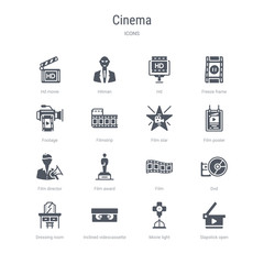 set of 16 vector icons such as slapstick open, movie light, inclined videocassette, dressing room, dvd, film, film award, film director from cinema concept. can be used for web, logo, ui\u002fux