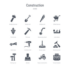 set of 16 vector icons such as circuit breaker, road construction, bolster, boning rod, brick hammer, bump cutter, cordless drill, hand saw from construction concept. can be used for web, logo,