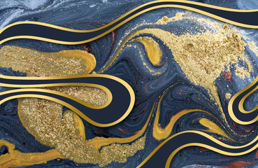 Abstrakter Acrylhintergrund aus Marmor. Natur, die blaue und goldene Grafikstruktur marmoriert. © Anna Babii
