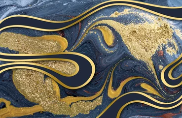 Abstrakter Acrylhintergrund aus Marmor. Natur, die blaue und goldene Grafikstruktur marmoriert. © anya babii