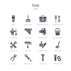 set of 16 vector icons such as nuts and bolts, garage screw, wrench and nut, repair pliers, cleaning mop, dustpan and brush, painter roller, garage wrench from tools concept. can be used for web,