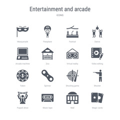 set of 16 vector icons such as magic cards, mall, music tape, puppet show, shooter, shooting game, spinner, token from entertainment and arcade concept. can be used for web, logo, ui\u002fux