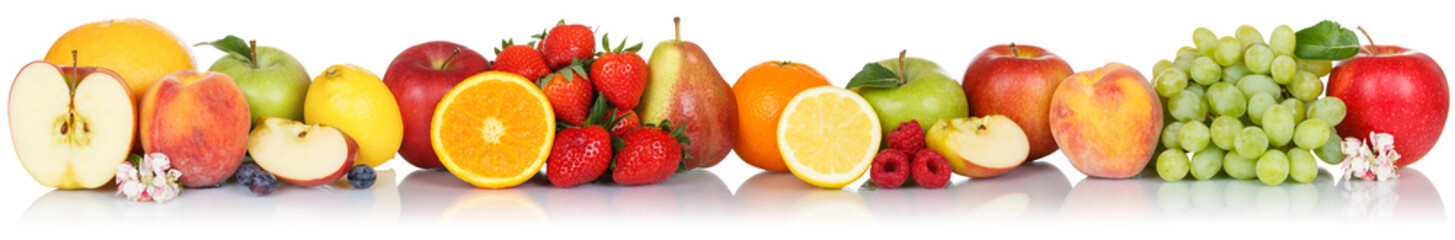 Fruits collection apple apples orange berries grapes banner fresh fruit isolated on white in a row - obrazy, fototapety, plakaty