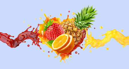 Healthy orange, strawberry, pineapple fruit juices liquid splashes. Fruits juice splashing together - orange, pineapple, strawberry juice in two colorful splashes. Ad label design. 3D