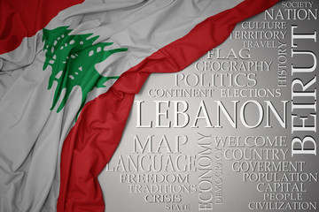 waving colorful national flag of lebanon on a gray background with important words about country