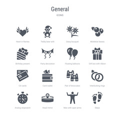 set of 16 vector icons such as steps, man with open arms, head mirror, analog stopwatch, interlocking rings, pair of binoculars, card wallet, cit cards from general concept. can be used for web,