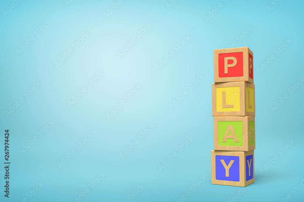 Poster 3d rendering of alphabet toy blocks on blue background.