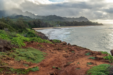 View along the Mahaulepu Hearitage Trail Towards Gillin's Beach and Kawelikoa Point on the coast of Kauai's Southern Shore.