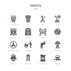 set of 16 vector icons such as coal wagon, nuclear residue, step ladder, electric saw, power tower, pipes, car mechanic, chemical weapon from industry concept. can be used for web, logo, ui\u002fux