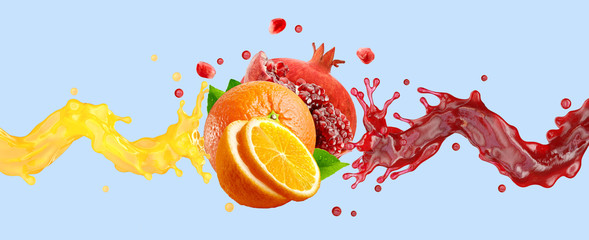 Fresh orange, pomegranate juice splash waves with ripe orange, orange slices, pomegranate. Citrus juice splashing label design isolated. Fruit advertising package ads design element. 3D