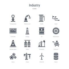 set of 16 vector icons such as barrel, windmill, crane, gears, pushcart, pumpjack, tanks, nuclear plant from industry concept. can be used for web, logo, ui\u002fux