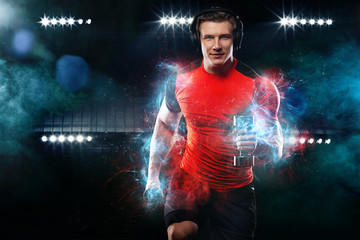 Muscular fitness sports man, atlete with dumbbell in fitness gym. Energy and power.