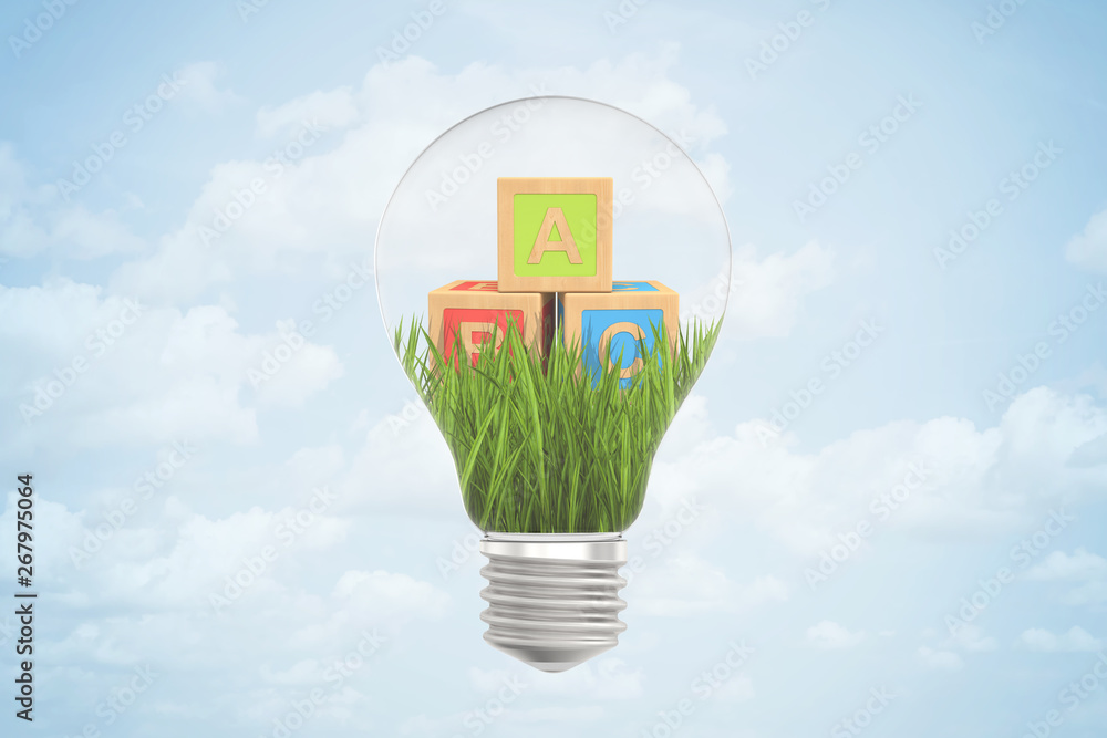 Poster 3d closeup rendering of lightbulb with three ABC blocks lying on green grass inside bulb against blue sky with clouds.