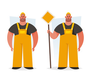 Strong Worker: Builder. Cartoon Style. Vector Illustration