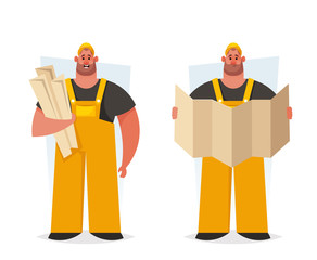 Strong Worker: Builder with Drawings. Cartoon Style. Vector Illustration