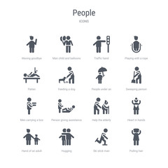 set of 16 vector icons such as pulling hair, ski stick man, hugging, hand of an adult, heart in hands, help the elderly, person giving assistance, men carrying a box from people concept. can be used