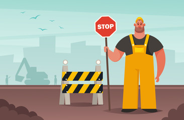 Strong Builder Holding Stop Sign. Road Works. Cartoon Style. Vector Illustration