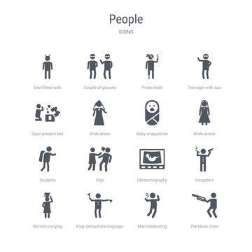 set of 16 vector icons such as the texas chain saw massacre, man celebrating, flag semaphore language, woman carrying, gangsters, ultrasonography, slap, students from people concept. can be used for