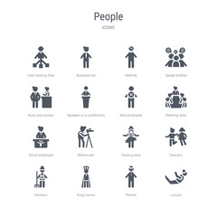 set of 16 vector icons such as locust, pierrot, king momo, farmers, dancers, festa junina, monocular, good employee from people concept. can be used for web, logo, ui\u002fux