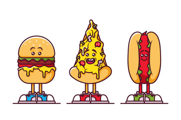 Doodle Cartoon Characters. Fast Food: Burger, Pizza Slice and Hot Dog. Vector Illustration