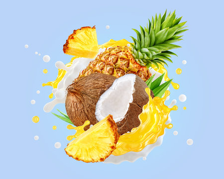 Fresh coconut milk, fresh pineapple juice mix, smoothie splash waves with ripe pineapple, coconut. Tropical fruit juice label design with yogurt, juice, coconut milk, pineapple. 3D