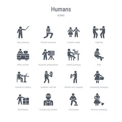 set of 16 vector icons such as woman sweeping, proud pose, construction worker, storekeeper, housewife shopping, worker with notepad, gardener with hat, internet on laptop computer from humans