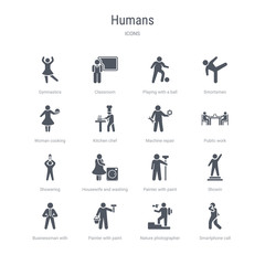 set of 16 vector icons such as smartphone call, nature photographer, painter with paint bucket, businessman with tie, showin, painter with paint roller, housewife and washing machine, showering from