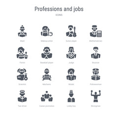 set of 16 vector icons such as strongman, lobby boy, career promotion, taxi driver, policewoman, model, mechanic, scientist from professions and jobs concept. can be used for web, logo, ui\u002fux