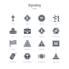 set of 16 vector icons such as traffic cones, parking brake, allowed drinking, price ticket, m, no hooks, abecedary, pit stop from signaling concept. can be used for web, logo, ui\u002fux
