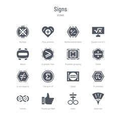 set of 16 vector icons such as asian fan, index, thumb up filled gesture, infinite, pi constant, equal, the sum of, is not equal to from signs concept. can be used for web, logo, ui\u002fux